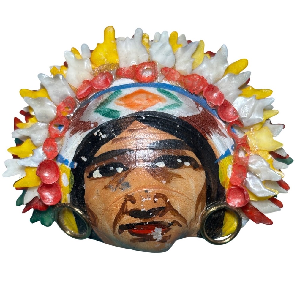 VTG‎ Hand Painted Seashell Native American Chief Brooch Folk Art Pin 1940